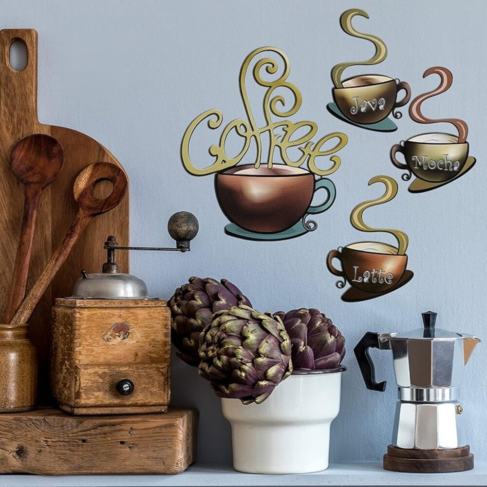 NEW 4 Pieces Metal Coffee Cup Wall Decor Coffee Bar Decor Coffee Decor Cafe - Picture 8 of 9